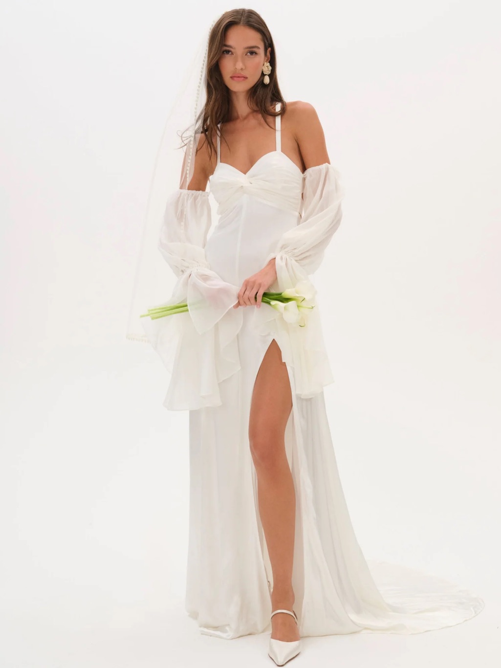For Love And Lemons Ivory Bridal Gown With Sheer Bishop Sleeves And Thigh Slit